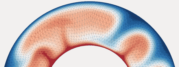 Animated band across the top of a convecting annulus: warm upwellings and cool downwellings develop and migrate while the triangular mesh tightens around the thermal boundary layers and plume margins.