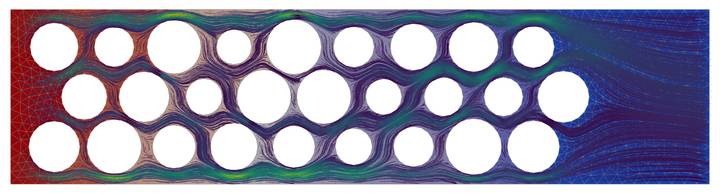 A colourful image of flow around a series of obstacles. See caption for further description